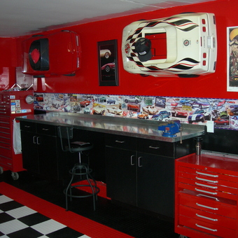 Red and Black Garage with Tool Chests and Car Decor - Rod from Victoria, BC