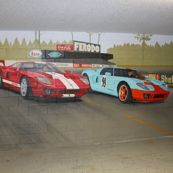 Garage Mural With Racing Ford GT Cars and Retro Signs - KP Garage from Longwood, FL