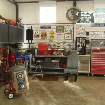 Organized garage with tool chests, cabinets, and wall storage - Jim from Southlake, TX