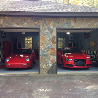 Red Porsche and Audi in Organized Stone Garage - Jay O. from Blythewood, SC