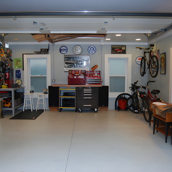 Organized garage with tool cabinets, workbench, and bike racks - Paul from Hopewell, NJ