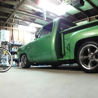 Green classic truck, toolbox, and bicycle in garage - Brodie from Duluth, MN