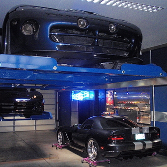 Garage With Car Lift, Tool Storage, and Dodge Vipers - TooBlue Racing
