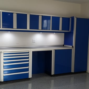 Blue Garage Cabinets with Countertop and Tall Locker - Dave from Highland, MD