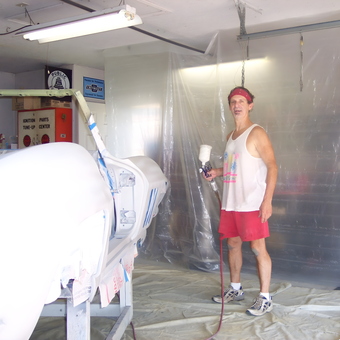 Classic car painting setup with spray gun and tools - RestoMike from Okc, OK