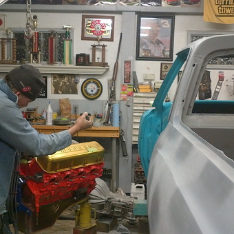 Classic garage with engine hoist and trophies - scheem from Clarks mills, PA