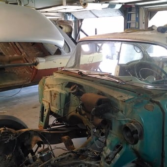 Classic car restoration with rotisserie lift in garage - Daryl Hronek from Oneida, WI