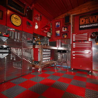Red garage with tool storage, metal cabinets, checkered floor - Mark Gerardy from Elizabeth, CO