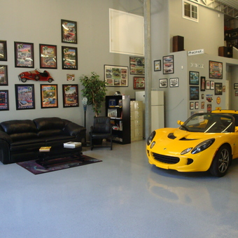 Stylish Garage With Yellow Sports Car and Wall Decor - The Mintle Barn from Fallbrook, CA