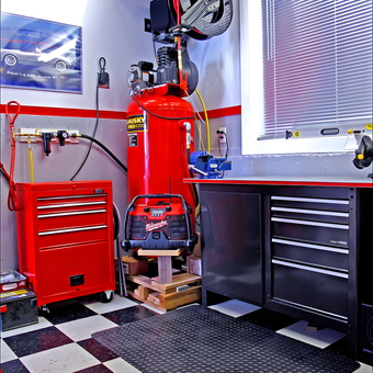 Organized garage with tool cabinets and air compressor - Jacob from Duncan BC Canada