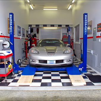 Home Garage with Car Lift, Tool Cart, and Checkered Floor - Jacob from Duncan BC Canada