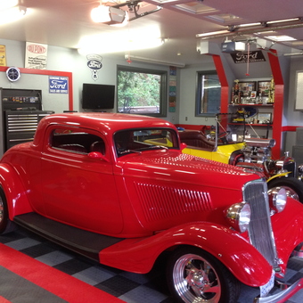 Classic Car Garage with Red Coupe and Ford Decor - tiki91 from duncan bc
