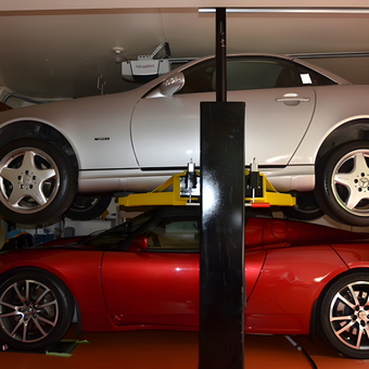Two Cars on Garage Lift with Cabinets - David from Williamsburg, VA