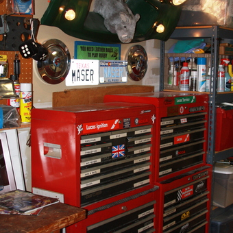 Red Tool Chests, Car Front Wall Art, and Garage Decor - Frank from San Jose, CA