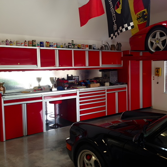 Red Metal Garage Cabinets and Cars Display - Richard from Tequesta, FL