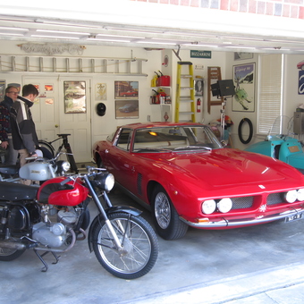 Classic Red Sports Car and Vintage Motorcycles in Garage - Darren from Charlotte, NC
