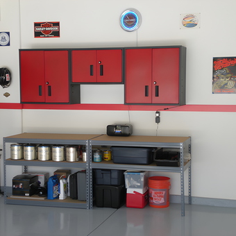 Red Wall Cabinets and Metal Shelving Garage Setup - Jim from Las Vegas, NV