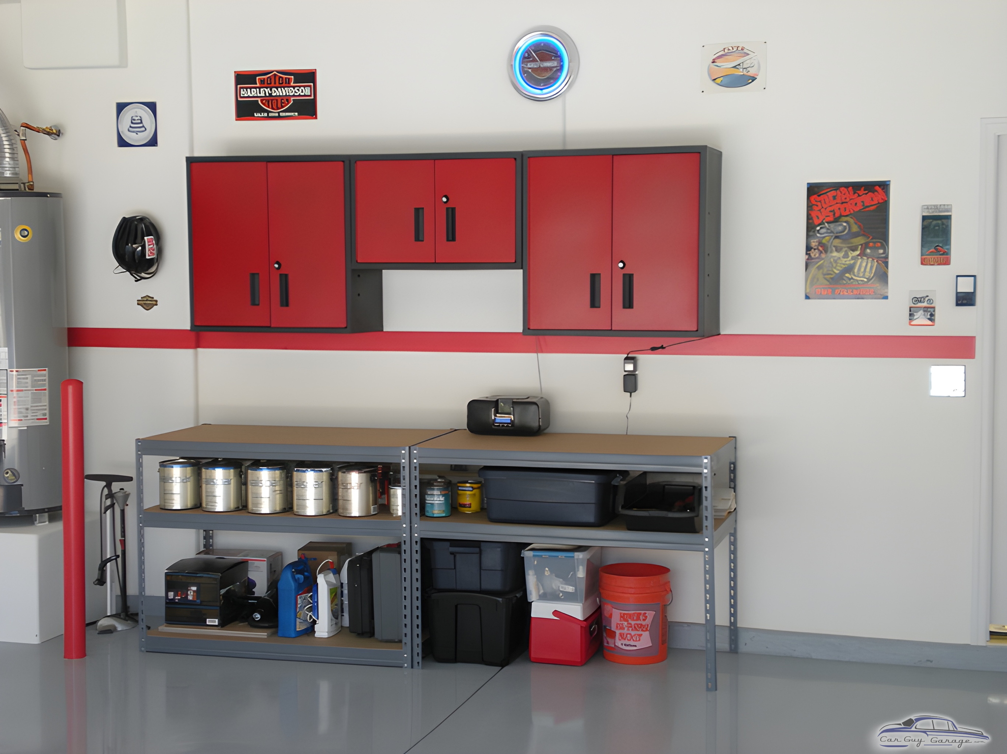 Red Wall Cabinets and Metal Shelving Garage Setup - Jim from Las Vegas, NV