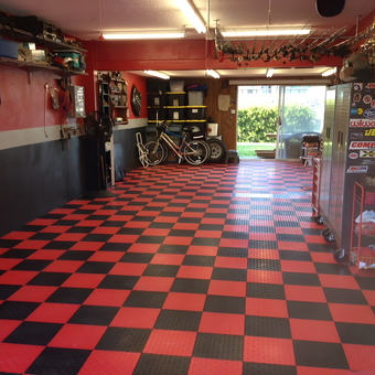 Red and Black Checkered Garage Flooring with Storage Cabinets - sparkymarky from Pinellas Park, FL