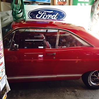 Classic Red Ford in Decorated Garage - Mustang Tom from Bowling Green, OH