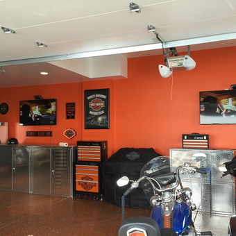 Harley-Davidson themed garage with diamond plate cabinets - Josh from Grove City, OH
