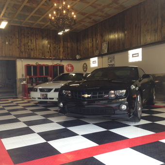 Custom checkerboard garage flooring with classic cars - awe hell naw from Covington, KY
