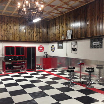 Checkerboard Garage with Red Cabinets and Bar Stools - awe hell naw from Covington, KY