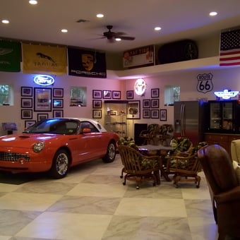 Classic car garage with neon signs and lounge area - Wes from Beverly Hills, FL