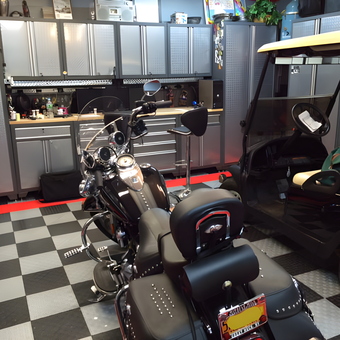 Diamond Plate Cabinets and Garage Flooring with Motorcycle - Jay from Brookville, NY