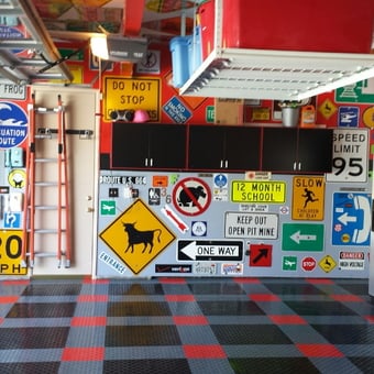 Garage with Road Signs, Cabinets, Tool Chest, and Grid Flooring - Pete from Yucaipa, CA