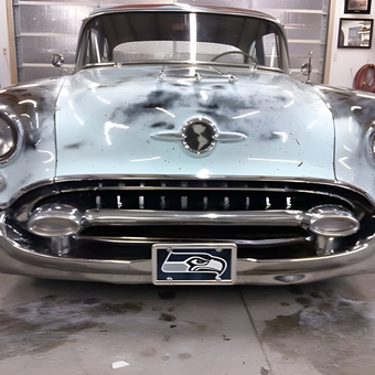 Classic 1955 Oldsmobile 88 in Garage with Seahawks Plate - East Wenatchee, WA