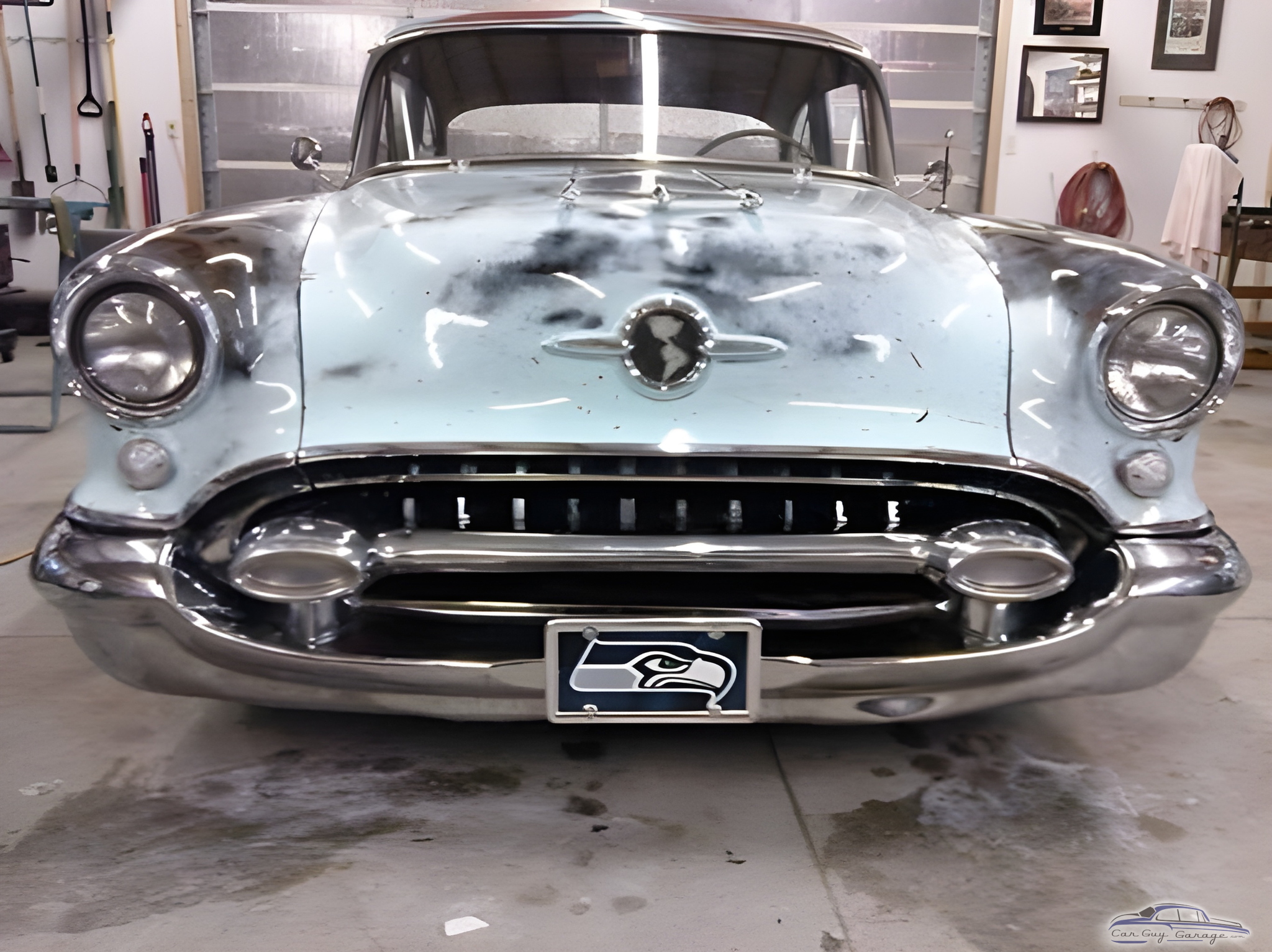 Classic 1955 Oldsmobile 88 in Garage with Seahawks Plate - East Wenatchee, WA