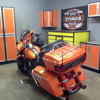 Orange Garage Cabinets and Tool Chests with Motorcycle - John from Cameron, WI