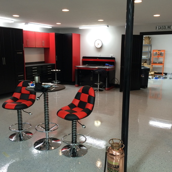 Red and Black Garage Cabinets with Bar Stools - Scott from Fishers, IN