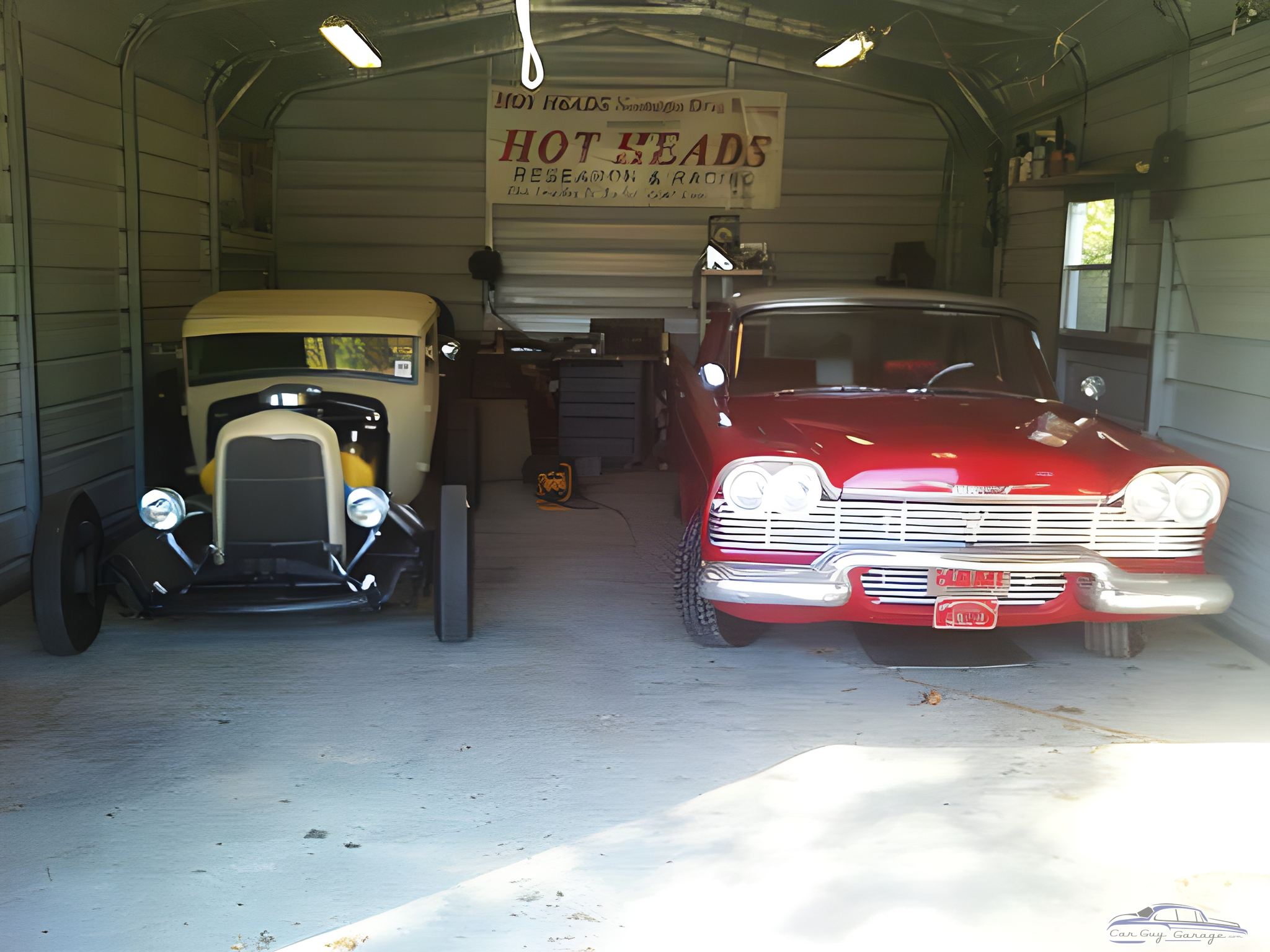 Classic Cars in Metal Garage with Tools and Banner - Eric from Roaring river, NC