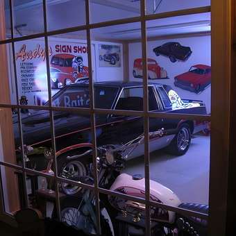 Classic Car Garage With Motorcycle and Wall Art - Andys Art from Crystal, MI