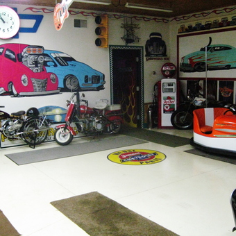Retro Garage Decor with Gas Pumps and Motorcycles - ANDYSART from Crystal, MI