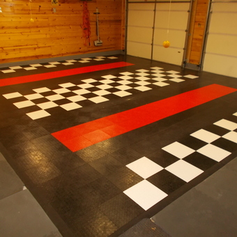 Checkered and Red Garage Floor Tiles with Wood Walls - Gunner