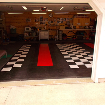 Garage with Checkered Tile Flooring and Workbenches - Gunner