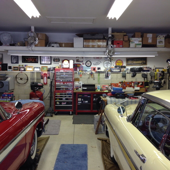 Classic Garage with Overhead Lighting and Tool Storage - Lighting