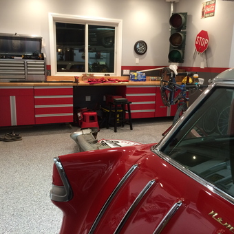 Red Tool Cabinets, Classic Car, and Decor in Rudy's Garage from Santa Ana, CA