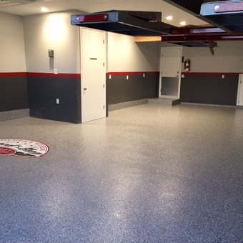 Epoxy Garage Floor with Logo and Modern Walls - Rudy's Garage from Santa Ana, CA