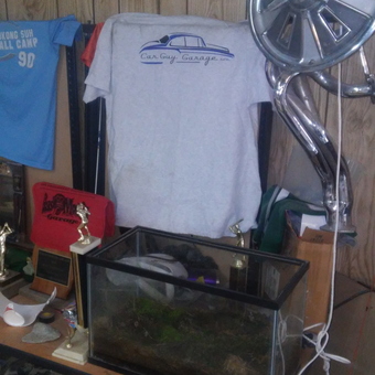 Garage Decor with Car Guy Garage Shirt and Hubcap - Ollie from White Lake, MI