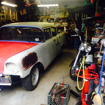 Classic Car, Motorcycle, Tools, and Signs in Packed Garage - panheadpete from Lakeside, CA