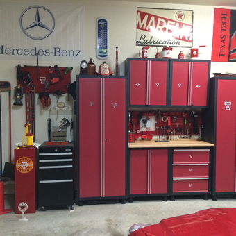 Red garage cabinets, oil cans, and tool storage - Ronnie from Boerne, TX