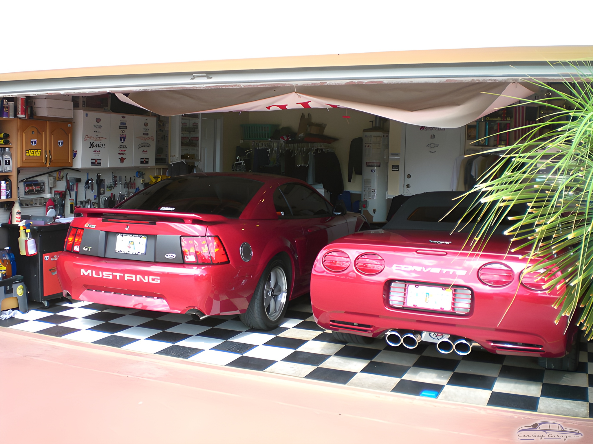 Red Mustang and Corvette in Checkered Floor Garage - Alex from Miami, FL