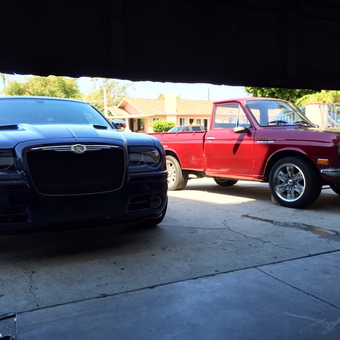Modern Sedan and Classic Red Pickup in Driveway - Jr from Anaheim, CA