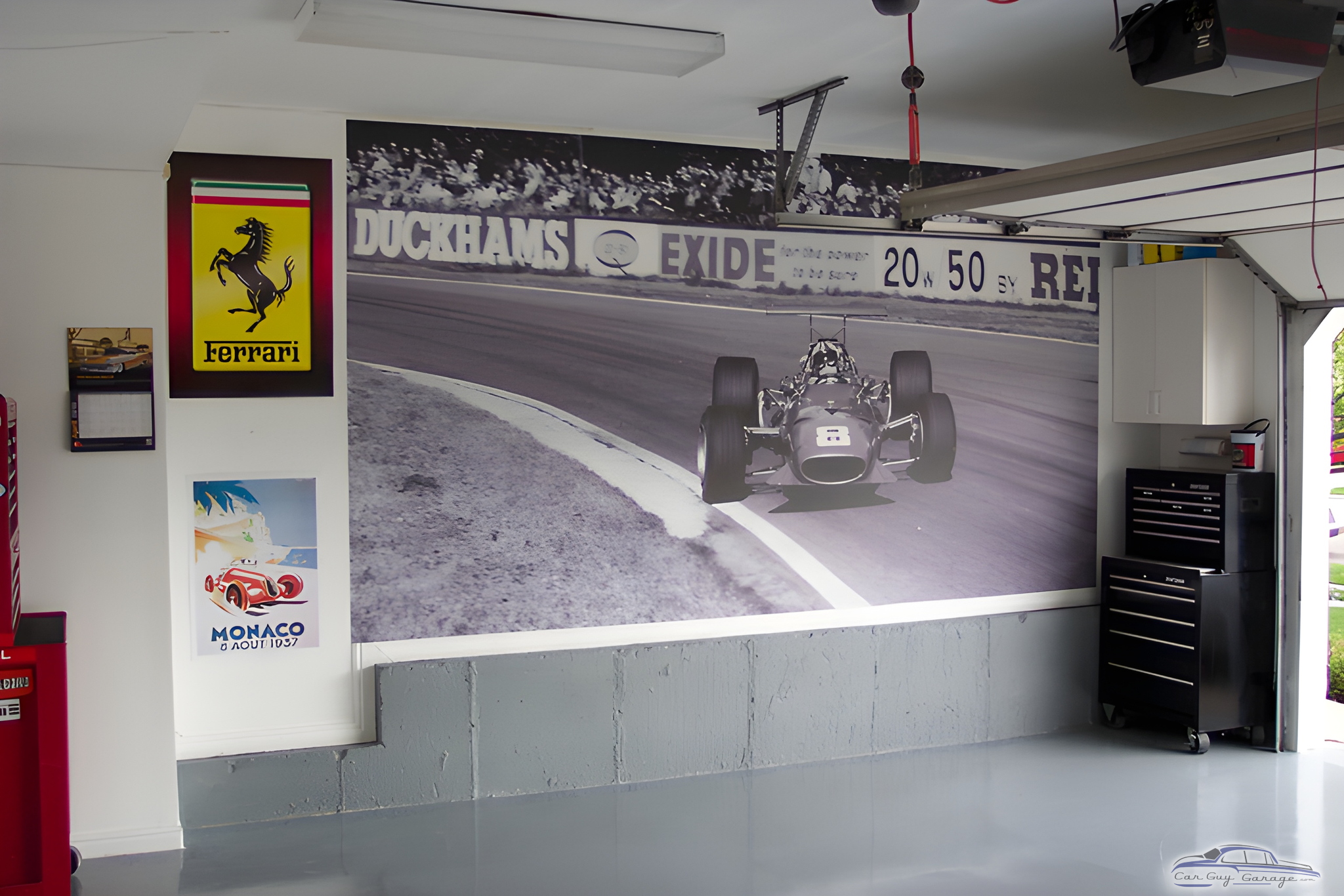 Racing mural, Ferrari sign, and tool chest in garage - Larry from Layton, UT
