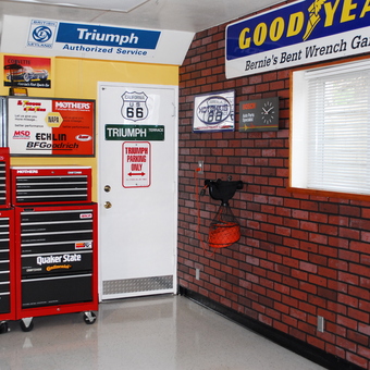 Red Tool Chests, Brick Wall Signs, and Garage Decor - West Coast Bernie from Orange, CA