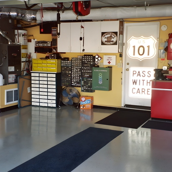 Organized Garage with Storage Cabinets and US 101 Sign - West Coast Bernie from Orange, CA